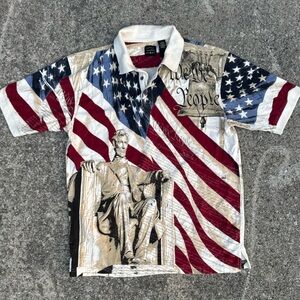 Clean Unique Patriotic Graphic Polo Shirt - Red, Blue, White Size L